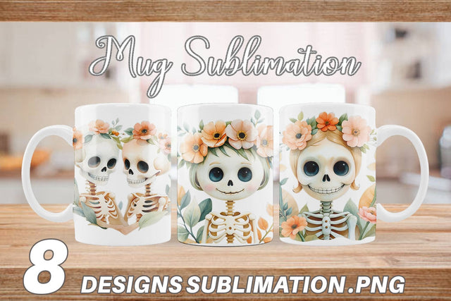 Mug Wrap Cute Skeleton Watercolor Floral Sublimation artnoy 