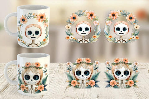 Mug Wrap Cute Skeleton Watercolor Floral Sublimation artnoy 