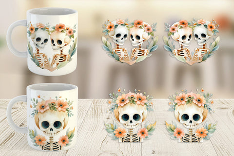 Mug Wrap Cute Skeleton Watercolor Floral Sublimation artnoy 