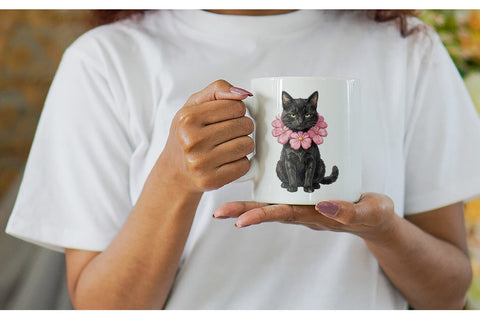 Mug Wrap Cynical Black Cat Pink Retro Watercolor Sublimation artnoy 