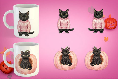Mug Wrap Cynical Black Cat Pink Retro Watercolor Sublimation artnoy 