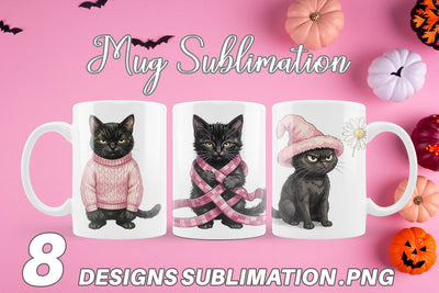 Mug Wrap Cynical Black Cat Pink Retro Watercolor Sublimation artnoy 