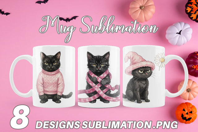 Mug Wrap Cynical Black Cat Pink Retro Watercolor Sublimation artnoy 