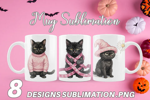 Mug Wrap Cynical Black Cat Pink Retro Watercolor Sublimation artnoy 