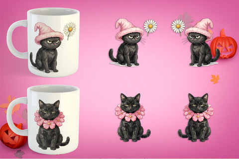 Mug Wrap Cynical Black Cat Pink Retro Watercolor Sublimation artnoy 