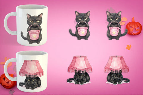 Mug Wrap Cynical Black Cat Pink Retro Watercolor Sublimation artnoy 