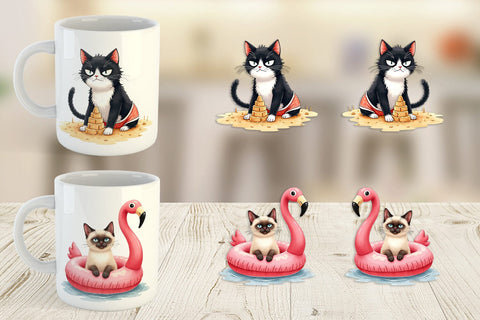 Mug Wrap Cynical Summer Cats Watercolor Sublimation artnoy 