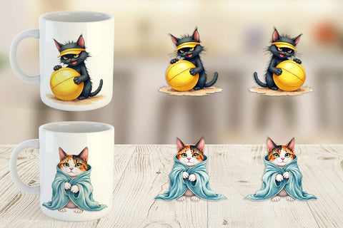 Mug Wrap Cynical Summer Cats Watercolor Sublimation artnoy 