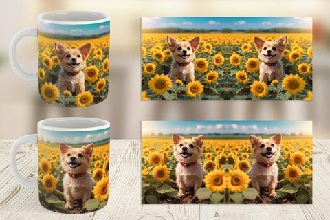 Mug Wrap Dog and Sunflowers Sublimation artnoy 