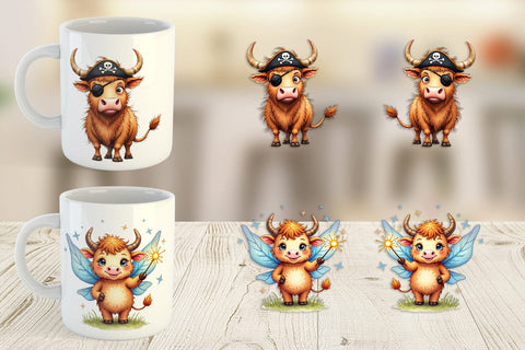 Mug Wrap Enchanted Highland Cows UglyCute Fantasy Watercolor Sublimation artnoy 