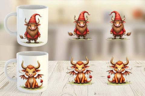 Mug Wrap Enchanted Highland Cows UglyCute Fantasy Watercolor Sublimation artnoy 