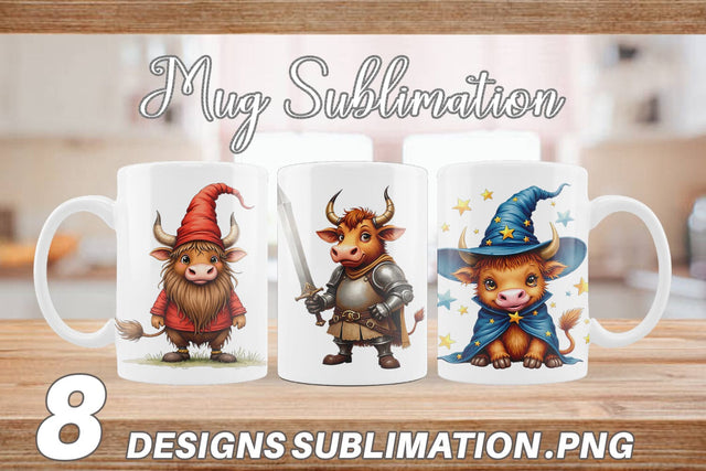 Mug Wrap Enchanted Highland Cows UglyCute Fantasy Watercolor Sublimation artnoy 