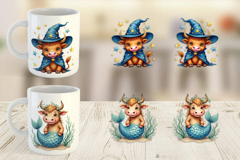 Mug Wrap Enchanted Highland Cows UglyCute Fantasy Watercolor Sublimation artnoy 