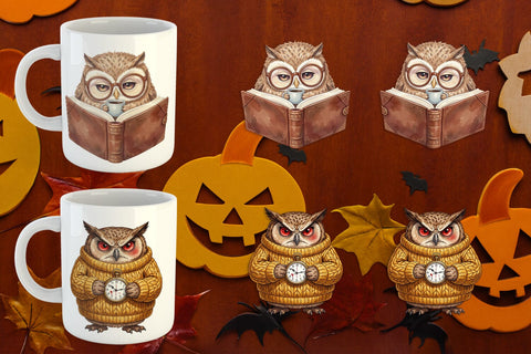 Mug Wrap Exhausted Owl Dark Academia Watercolor Sublimation artnoy 