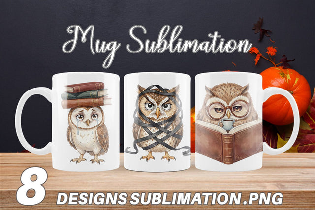 Mug Wrap Exhausted Owl Dark Academia Watercolor Sublimation artnoy 