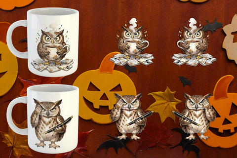 Mug Wrap Exhausted Owl Dark Academia Watercolor Sublimation artnoy 