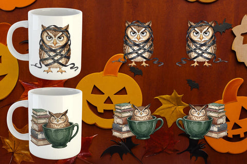 Mug Wrap Exhausted Owl Dark Academia Watercolor Sublimation artnoy 