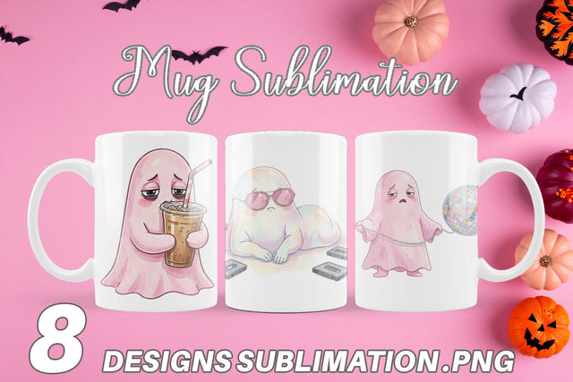 Mug Wrap Exhausted Retro Ghost Pink Watercolor Sublimation artnoy 