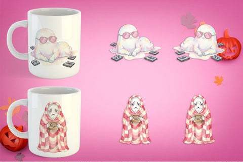 Mug Wrap Exhausted Retro Ghost Pink Watercolor Sublimation artnoy 