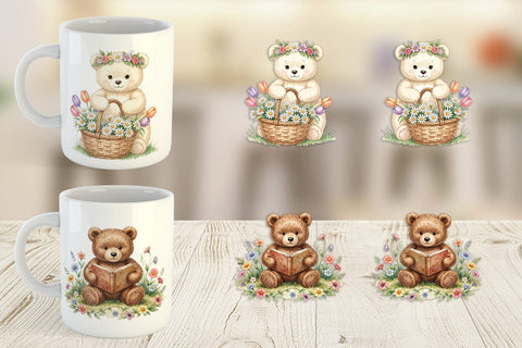 Mug Wrap Floral Garden Teddy Bear Watercolor Sublimation artnoy 