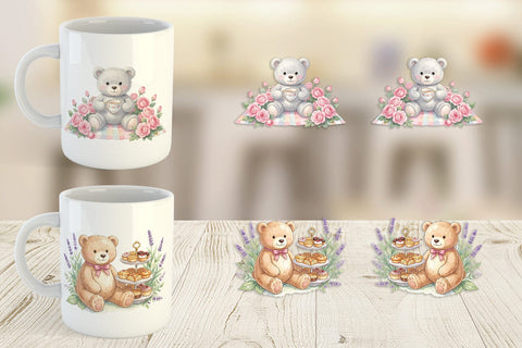 Mug Wrap Floral Garden Teddy Bear Watercolor Sublimation artnoy 