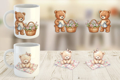Mug Wrap Floral Garden Teddy Bear Watercolor Sublimation artnoy 