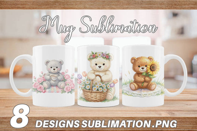 Mug Wrap Floral Garden Teddy Bear Watercolor Sublimation artnoy 