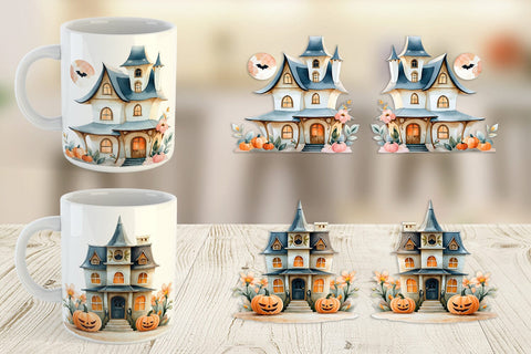Mug Wrap Floral Haunted House Watercolor Sublimation artnoy 