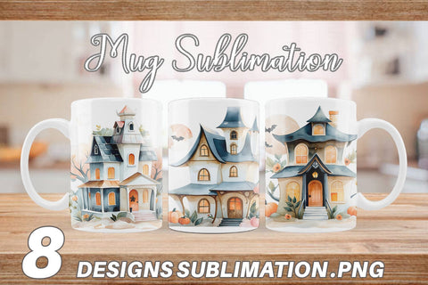 Mug Wrap Floral Haunted House Watercolor Sublimation artnoy 