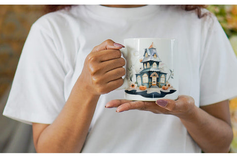 Mug Wrap Floral Haunted House Watercolor Sublimation artnoy 