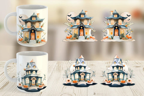 Mug Wrap Floral Haunted House Watercolor Sublimation artnoy 