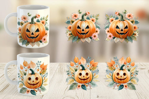 Mug Wrap Floral Jack-o'-Lantern Watercolor Sublimation artnoy 