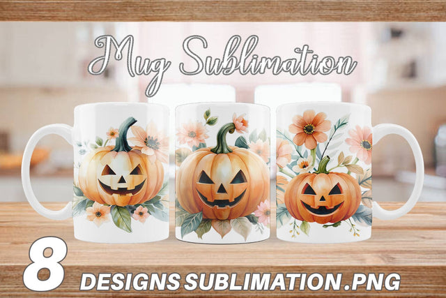 Mug Wrap Floral Jack-o'-Lantern Watercolor Sublimation artnoy 