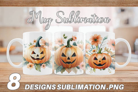 Mug Wrap Floral Jack-o'-Lantern Watercolor Sublimation artnoy 