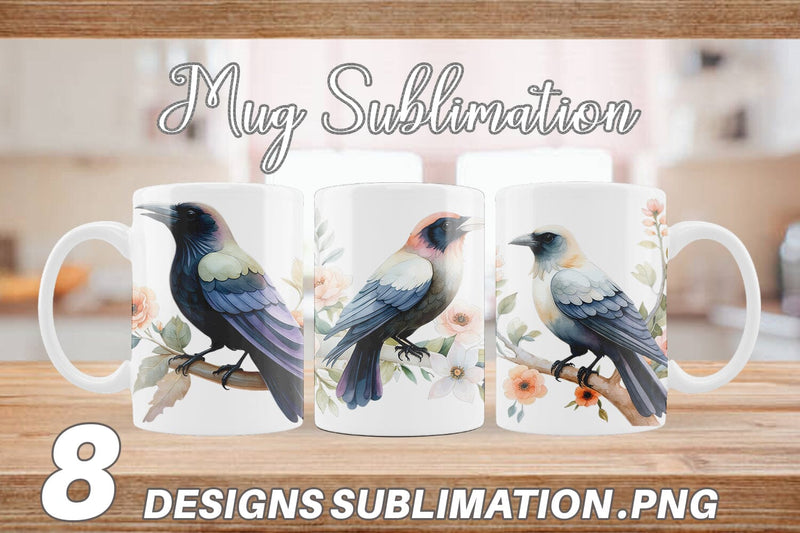 Mug Wrap Floral Raven Watercolor Sublimation artnoy 