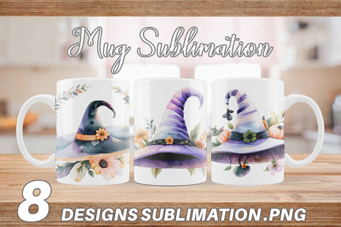 Mug Wrap Floral Witch Hat Watercolor Sublimation artnoy 