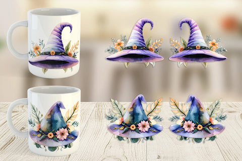 Mug Wrap Floral Witch Hat Watercolor Sublimation artnoy 