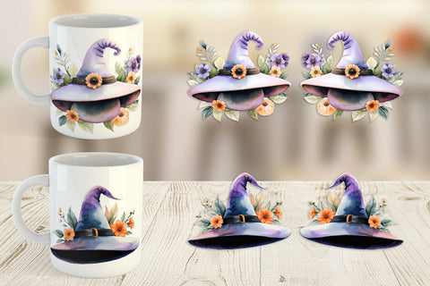 Mug Wrap Floral Witch Hat Watercolor Sublimation artnoy 