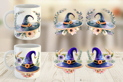 Mug Wrap Floral Witch Hat Watercolor Sublimation artnoy 