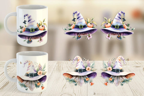 Mug Wrap Floral Witch Hat Watercolor Sublimation artnoy 