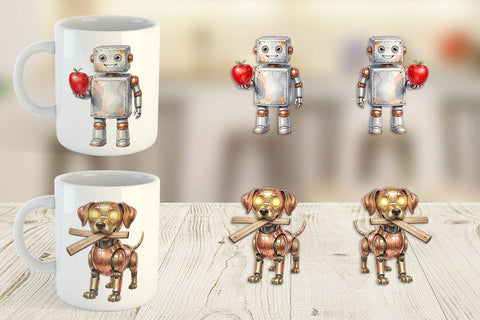 Mug Wrap Friendly Retro School Robot Watercolor Sublimation artnoy 