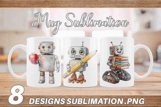 Mug Wrap Friendly Retro School Robot Watercolor Sublimation artnoy 