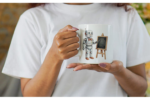 Mug Wrap Friendly Retro School Robot Watercolor Sublimation artnoy 