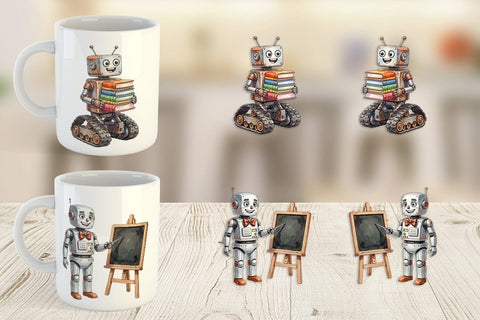 Mug Wrap Friendly Retro School Robot Watercolor Sublimation artnoy 