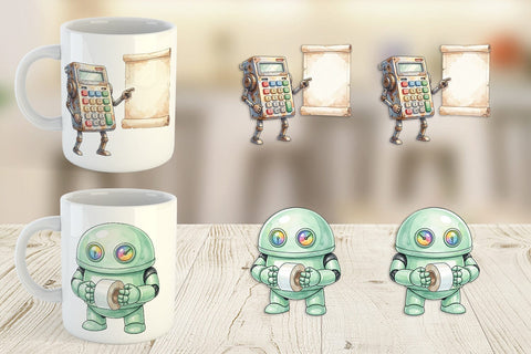 Mug Wrap Friendly Retro School Robot Watercolor Sublimation artnoy 