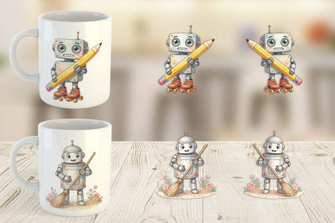 Mug Wrap Friendly Retro School Robot Watercolor Sublimation artnoy 