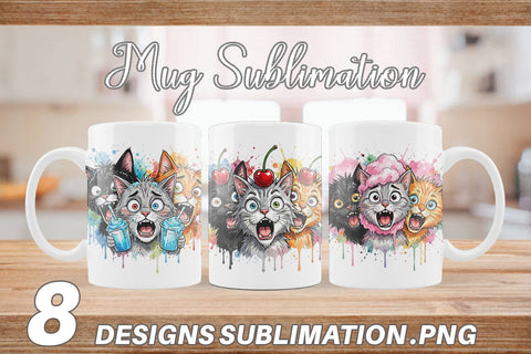 Mug Wrap Funny Treat Panic Cats Watercolor Sublimation artnoy 