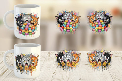 Mug Wrap Funny Treat Panic Cats Watercolor Sublimation artnoy 
