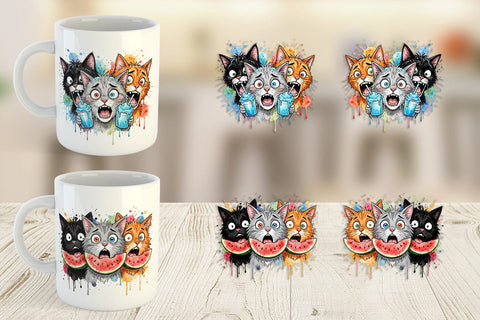 Mug Wrap Funny Treat Panic Cats Watercolor Sublimation artnoy 