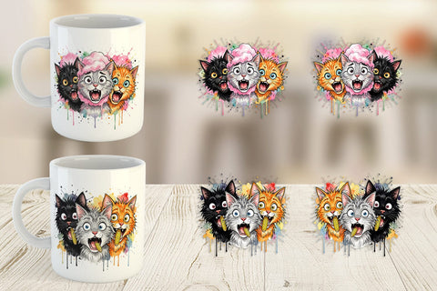 Mug Wrap Funny Treat Panic Cats Watercolor Sublimation artnoy 